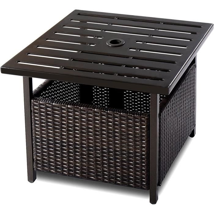 COSTWAY Table Basse de Jardin Carré Rotin, avec Trou de Parasol, Cadre en Métal Antirouille, Idéal pour Balcon, Jardin, 55, 5 x 55,