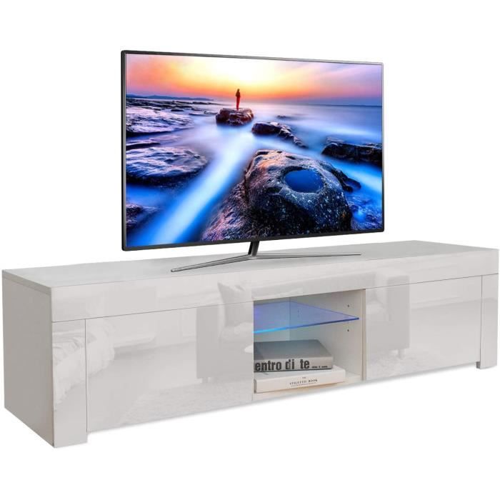 Dripex Meuble TV contemporain décor Corps blanc - Façade blanche haute brillance - 130 cm