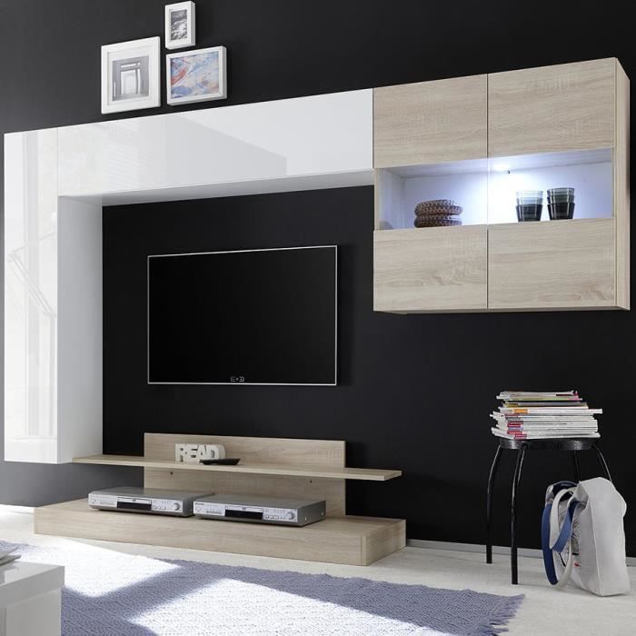 Ensemble TV led blanc laqué et couleur chêne clair PICERNO Blanc L 248 x P 42 x H 175 cm