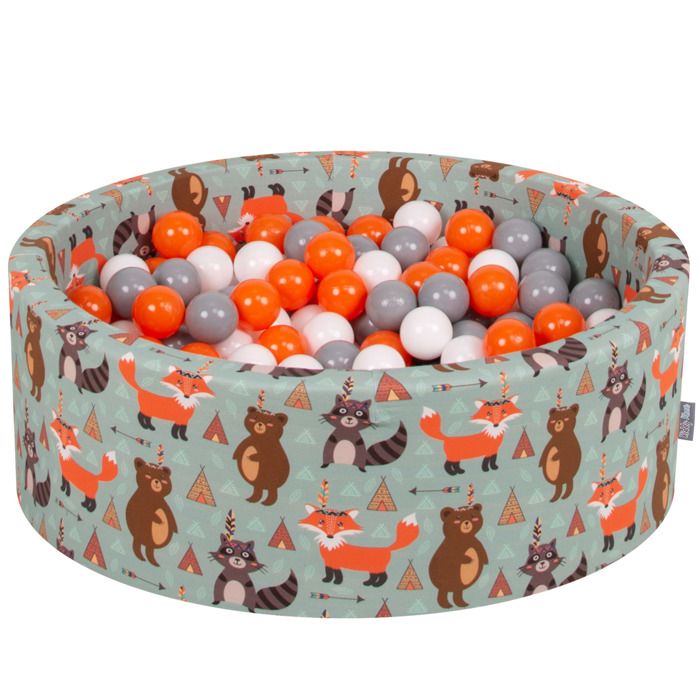 KiddyMoon 90X30cm-200 Balles ∅ 7Cm Piscine À Balles Pour Bébé Rond Fabriqué En UE, Renard-Vert:Orange-Gris-Blanc