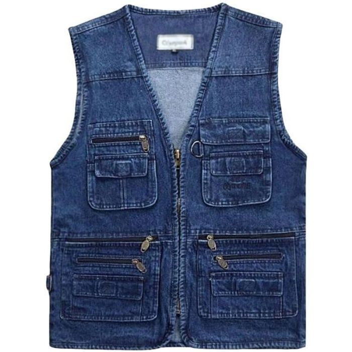 Homme Gilet en jean de Plein air sans Manches Multi-Poches pour voyage Photographie pêche Bleu 3XL