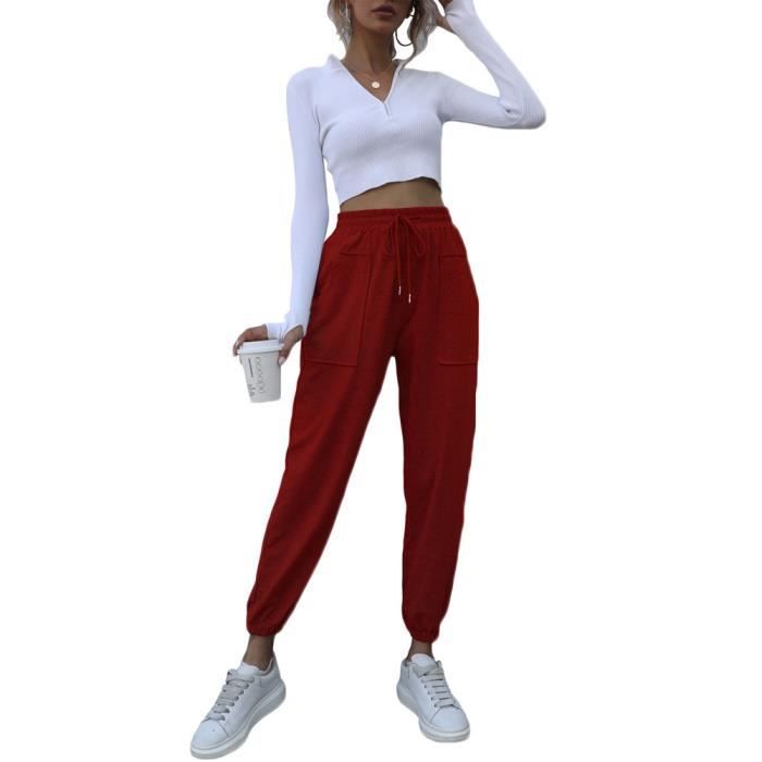 Pantalon de Jogging Extensible Léger pour Femme Pantalon de Jogging Cargo Taille Haute À Cordon avec Poches,Vin Rouge