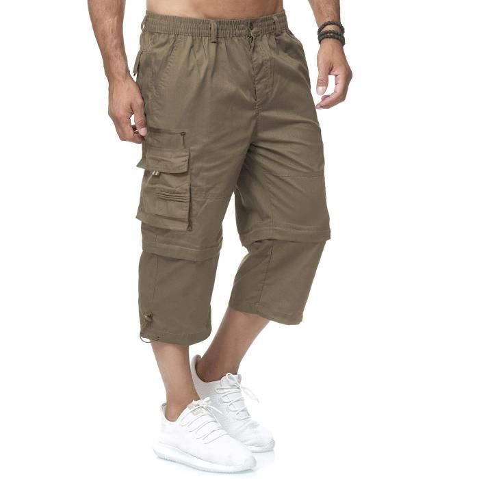 Men Cargo Shorts 3-4 Casual Capri Pants Side Pockets Light Trekking Pants Shortenable with Zipper