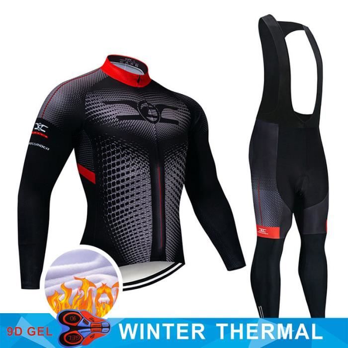 Maillot de Vélo Route Manches Longues Hiver Homme + Pantalon À Bretelle GEL Combinaison de VTT Ensemble de Vêtement
