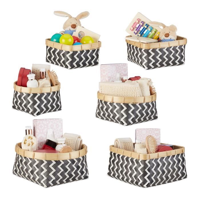 Relaxdays Panier de rangement lot de 3 tressé blanc bambou corbeille ouverte nature salle de bain empilable, noir-blanc -