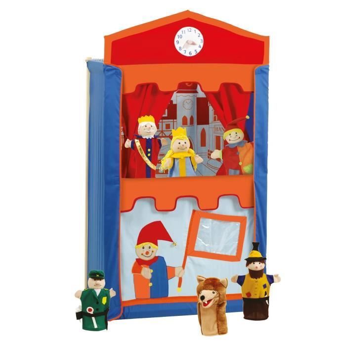 ROBA Théâtre de Guignol en Bois Massif inclus 6 Marionnettes à main, monté sur pied