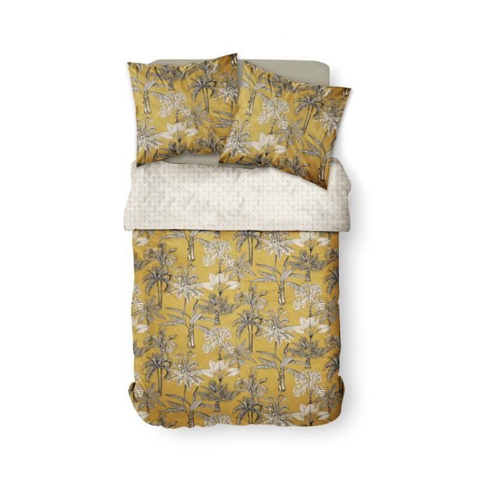 Parure de lit 2 personnes 240X260 Coton imprime jaune exotique SUNSHINE
