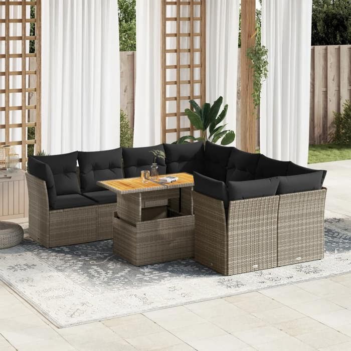 vidaXL Salon de jardin 9 pcs avec coussins gris résine tressée ensemble de canapés dextérieur salon de jardin ensemble 3326909