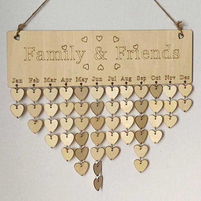 Calendrier D'anniversaire Familial En Bois Sculpté - 40x12 Cm, Avec 100 étiquettes Cœur/rond - Décoration Murale Personnalisable - 9