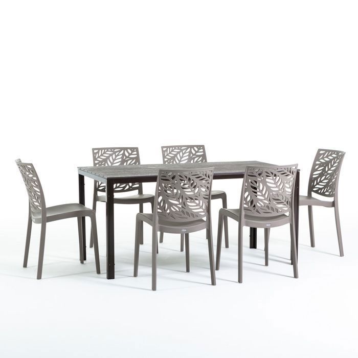 Ensamble de jardin table Thomas en fer et plateau en polyéthylène 6 chaises Dafne en résine (Moka/Gris tourterelle)