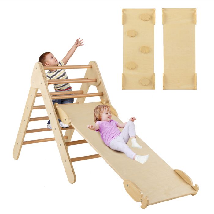 COSTWAY Triangle D'Escalade 5-en-1 Montessori – Échelle, Toboggan, Bascule, Tunnel, Pliable Bois 60kg