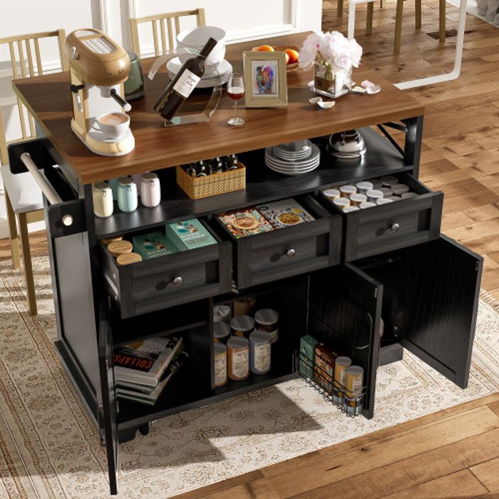Desserte de cuisine 3 portes 3 tiroirs et étagère de rangement ouverte avec roulettes plateau pliable noir - 118×43-80×98cm