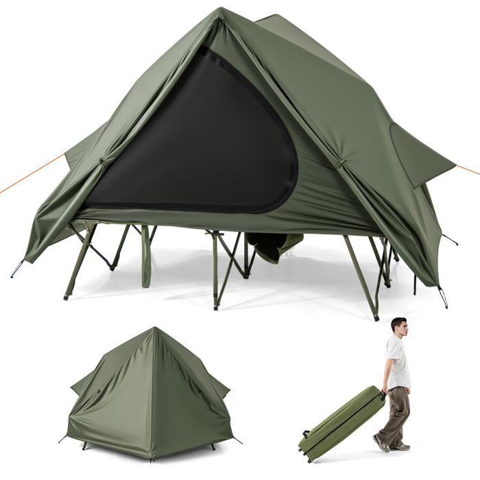 COSTWAY Tente de Camping Pliable 2 Personnes - Lit de Couchage Surélevé - Sac à Roulettes Portable - 2 Portes et Fenêtres en Filet