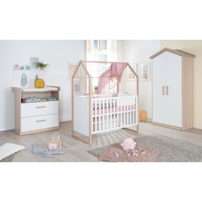 Chambre+bebe+complete+:+Lit+60+x+120+cm+++commode+à+langer+evolutive+++armoire+-+CABANE+-+ROBA+-+Chene+/+Blanc