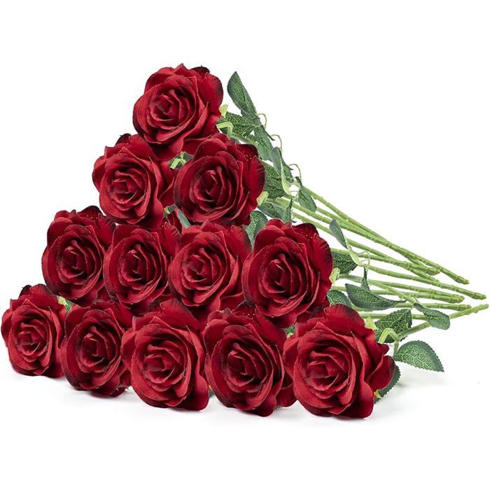 12 PCS Fleurs de Roses Artificielles Bourgogne, Roses en Soie Avec ...