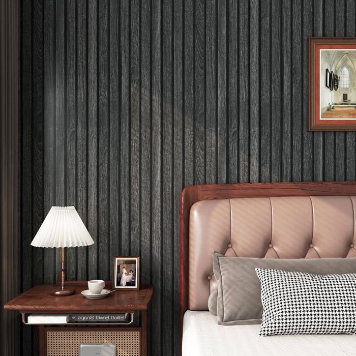 Papier Adhesif pour Meuble Bois Noir Papier Peint Effet Tasseaux de Bois Noir Gris Autocollant Cuisine Mural Effet Bois 30CMx5M