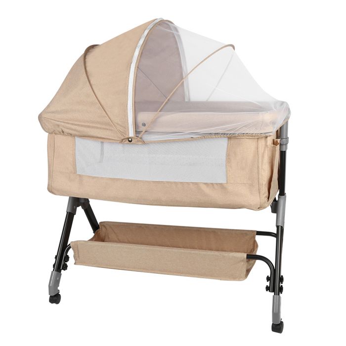 Lit Bébé Cododo 2 en 1 - Berceau Cododo avec Matelas et Moustiquaire - Hauteur Réglable - 104x52x103-115 cm - Beige