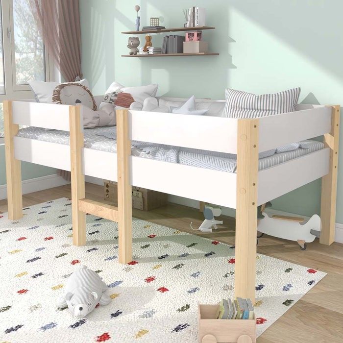 Lit enfant - Lit mi-hauteur - 90 x 200 cm - Pin massif - Barrières de sécurité