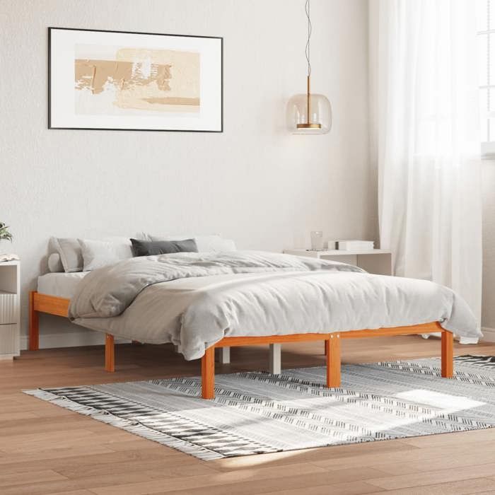 Cadre de lit en bois de pin massif - UU - 140x190 cm - Cire marron - Bois de pin massif - Lattes en contreplaqué