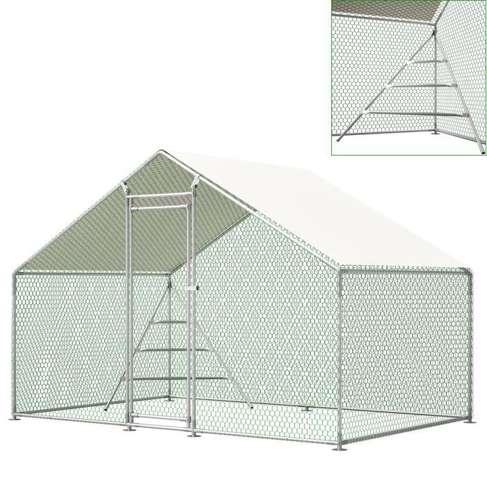 Poulailler Ouvert 3x2x2 m avec Toit Imperméable et Grille dEscalade Métallique