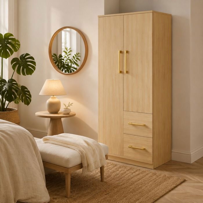 Armoire enfant 70x40x135 cm double portes tiroirs + grand rangement idéale lit mezzanine couleur bois