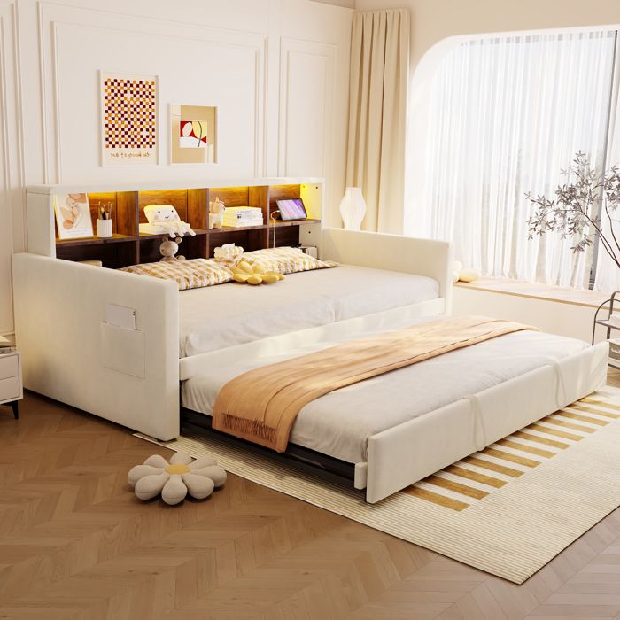 Canapé-Lit Rembourré 90 x 190 cm avec Lit Gigogne Lit Coffre avec Tête de Lit Coffre LED et Prises de Recharge Velours Beige