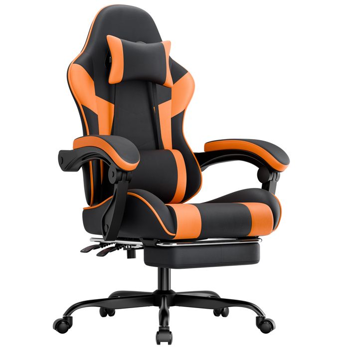 Chaise Gaming Ergonomique - BELLEMAVE - Siège de Bureau Support Lombaire - Hauteur & Dossier Réglables - Cuir PU - Noir et Orange