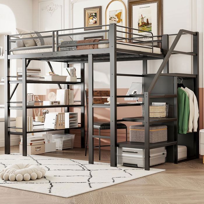 Lit Mezzanine 140x200 cm avec Bureau Armoire et Étagères - lit double - Escalier Sécurisé Cadre en Métal Noir Gain dEspace Idéal