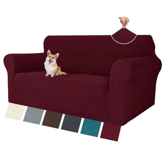 Housse De Canapé 2 Places avec Accoudoirs Universelle Housse Canapé Extensible Sofa Cover en Jacquard Lavable Rouge .
