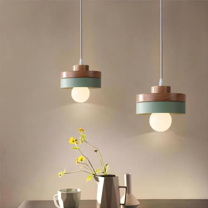 Suspension luminaire - SMOTOP - 2x E27 - Vert métal & bois - Ø18x10cm Vintage/Scandinave