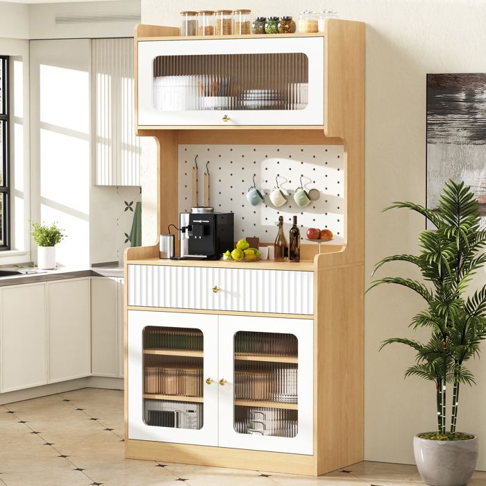 Buffet Haut avec Étagères Réglables et Tiroirs Meuble de Rangement avec LED pour Salon Salle à Manger et Cuisine 80 × 40 × 180 cm