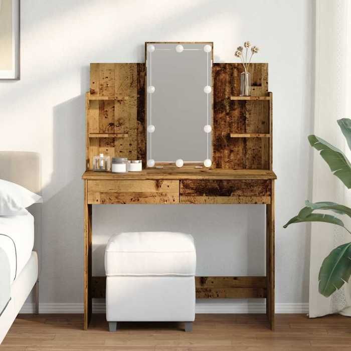 (17234)Moderne Coiffeuse avec lumières LED vieux bois 96x40x142 cm poid:29.35 kg