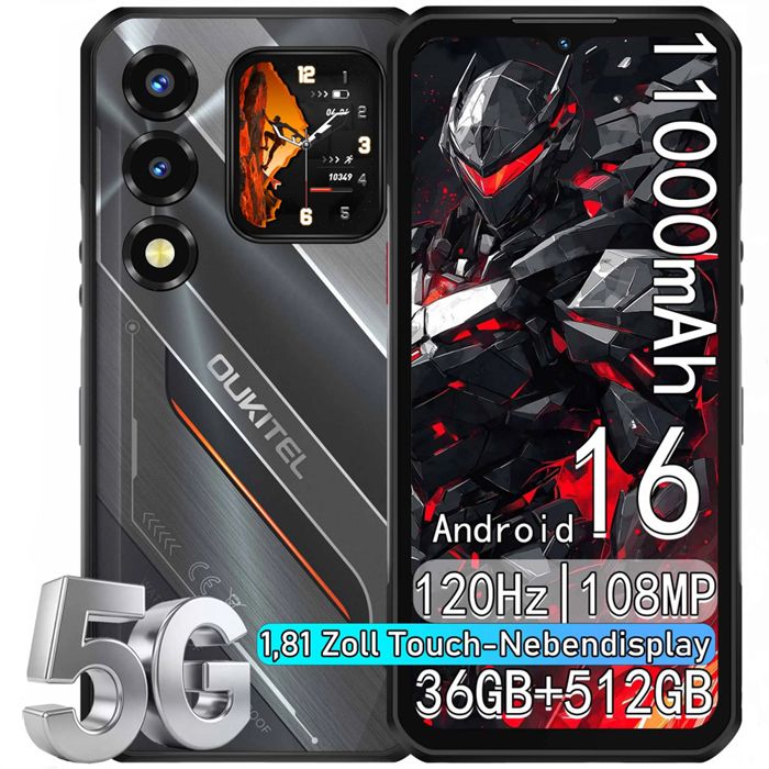 OUKITEL WP66 5G Smartphone Incassable 36GB+512GB 11000mAh 66 FHD+ 108MP Téléphone Portable Incassable Android 16 Dual SIM/NFC Noir