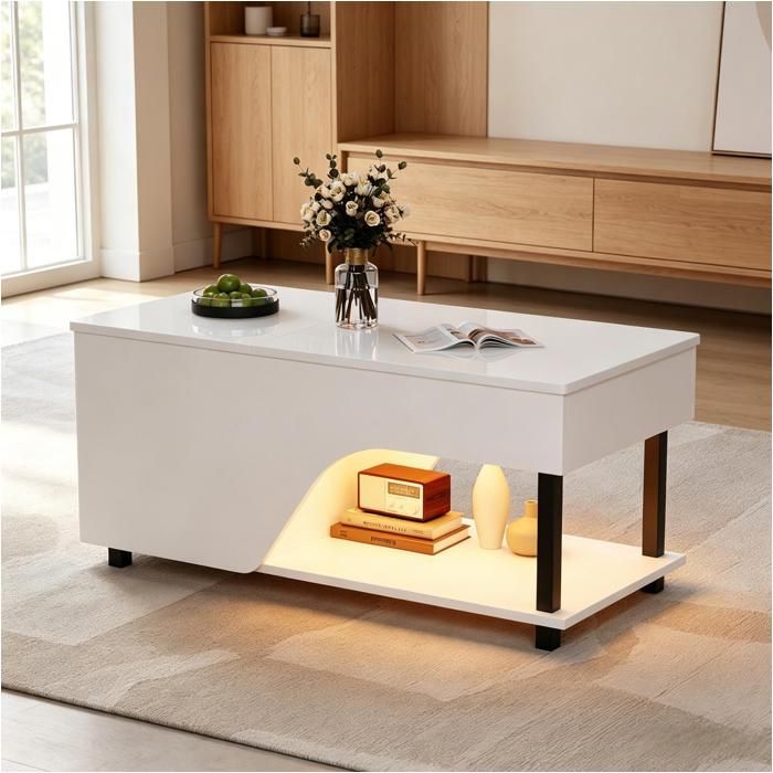 Table basse relevable 100x50x46 cm LED blanc brillant rangement caché étagère latérale plateau réglable salon moderne chic déco