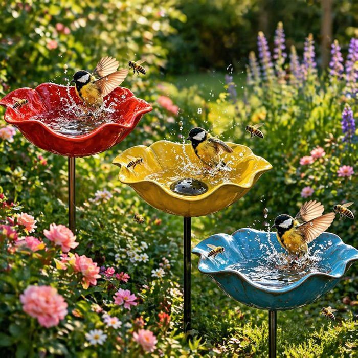 Piquet de jardin décoratif en métal (motif fleur) faisant office de bain doiseaux et dabreuvoir pour abeilles