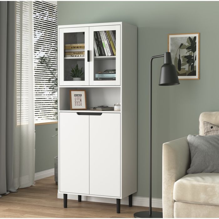 Armoire de rangement haute blanche avec vitrines en verre trempé