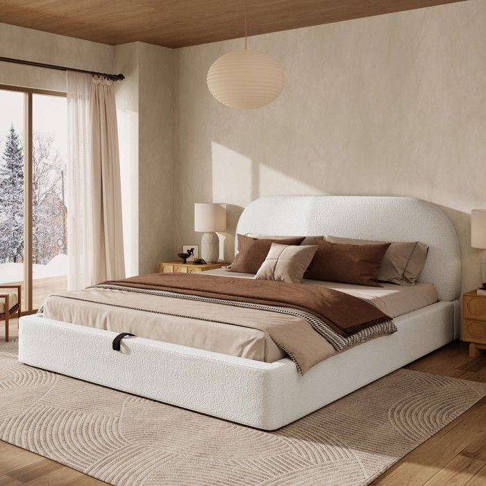 Lit - PAGE Living - Lit capitonné - 180 x 200 - Bouclé beige rangement hydraulique