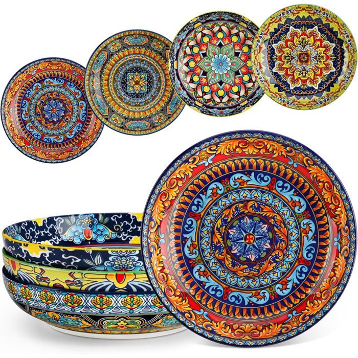 22.3Cm Assiette CreuseLot De 4 Assiettes À Pâtes 1260MlBols À Pâtes Service En PorcelaineGrands Assiettes Creuses Colorées Pour