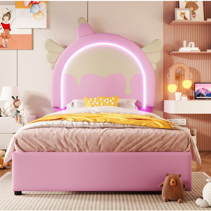ROVRYN Lit enfant licorne 90 x 200 cm rose en PU avec bande lumineuse et 2 tiroirs