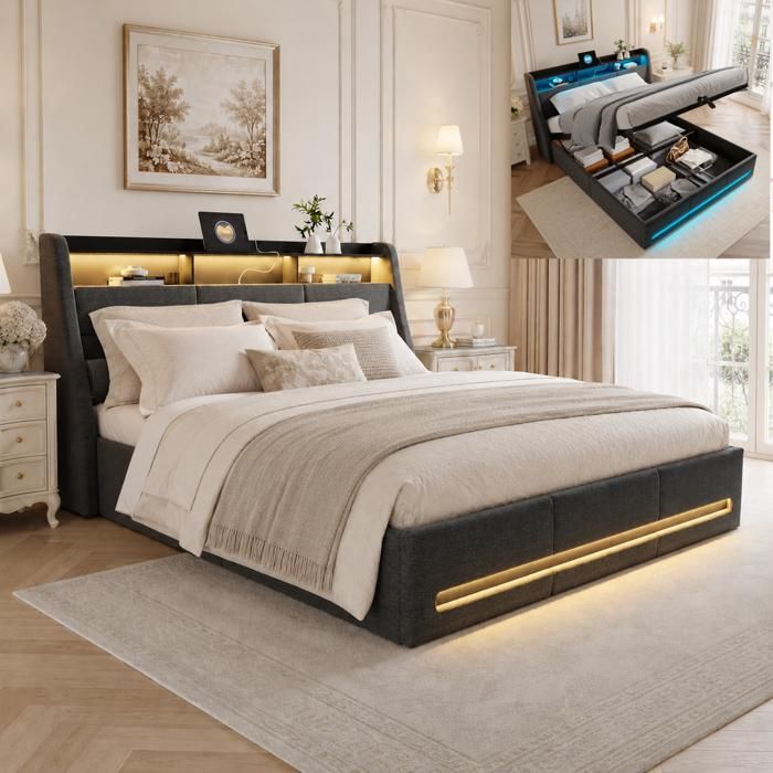 Lit Coffre 140x190 avec Sommier et rangement  lit capitonné avec LED et USB Lit Rembourré en lin 2 Personnes