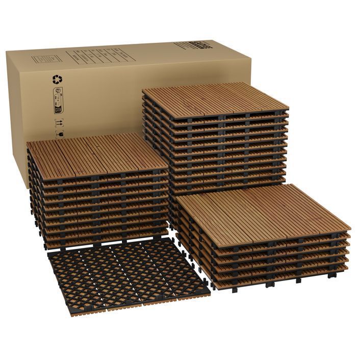 Dalles clipsables étanches antidérapantes bois acacia 30x30cm sol extérieur pour balcon terrasse jardin