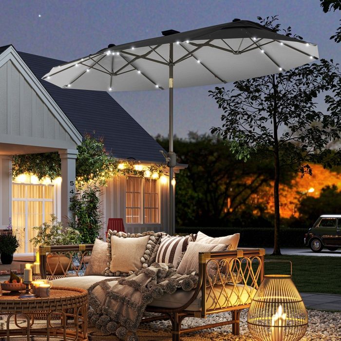 Parasol double 295 x 150 x 219 cm gris avec base en croix et lumières solaires