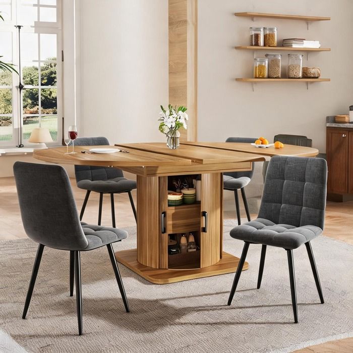 Set de salle à manger 5 pièces 4-6 personnes table extensible 118-158 cm avec tiroir MDF noir brun 4 chaises en lin gris design