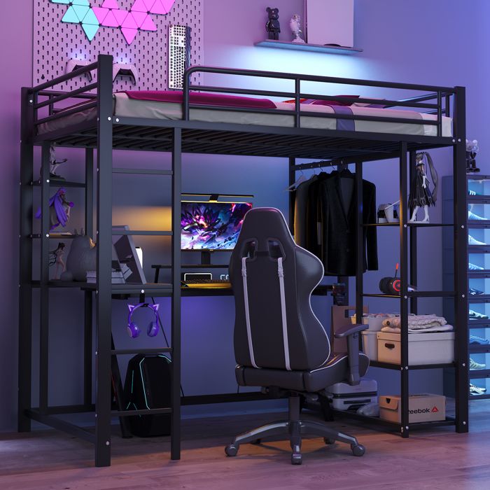 Design solide et sécurisé lit mezzanine surélevé couleur noir idéal pour chambre enfant adolescent rangements sécurité