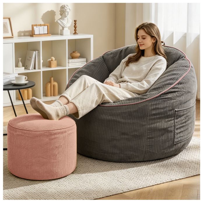 Fauteuil pouf 1 place ergonomique avec poche latérale et pouf assorti - TCQPZ - flanelle gris