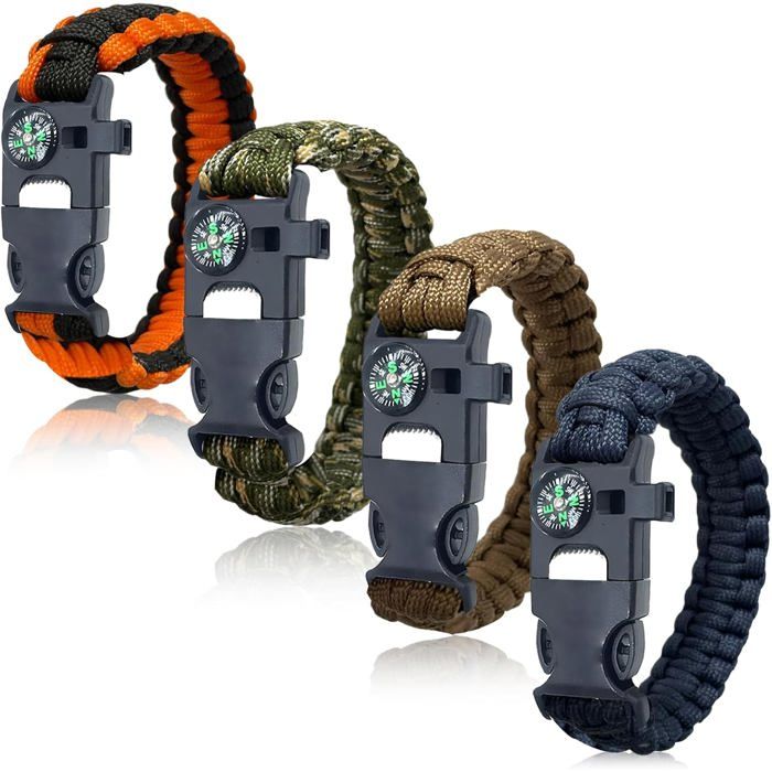 Bracelets de Survie 4-Pack Bracelet Paracorde 5-en-1 avec Allume-Feu Boussole & Sifflet Équipement durgence pour Camping