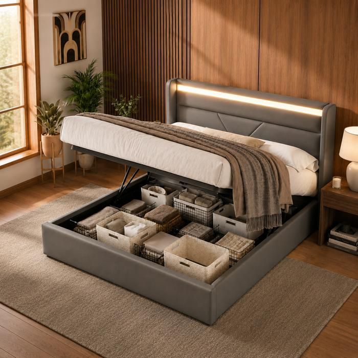 Lit escamotable hydraulique 160x200cm avec LED gris sans matelas