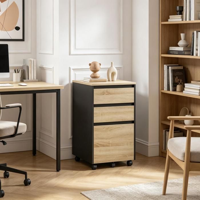 Meuble de bureau - Classeur mobile 3 tiroirs - Noir - Bois dingénierie - Roulettes 360° avec freins