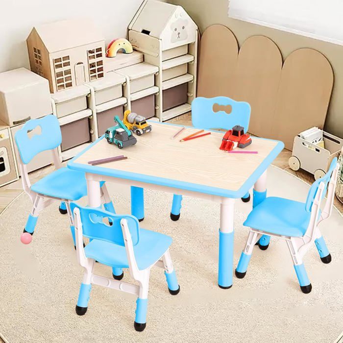 Table enfant bleue avec 4 chaises hauteur 32 po réglable pieds antidérapants plateau graffiti activités créatives