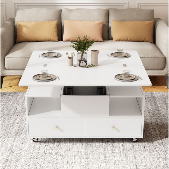 ULEVR Table basse relevable et pliable blanche 100 x 50 x 475 cm en MDF 4 tiroirs roulettes